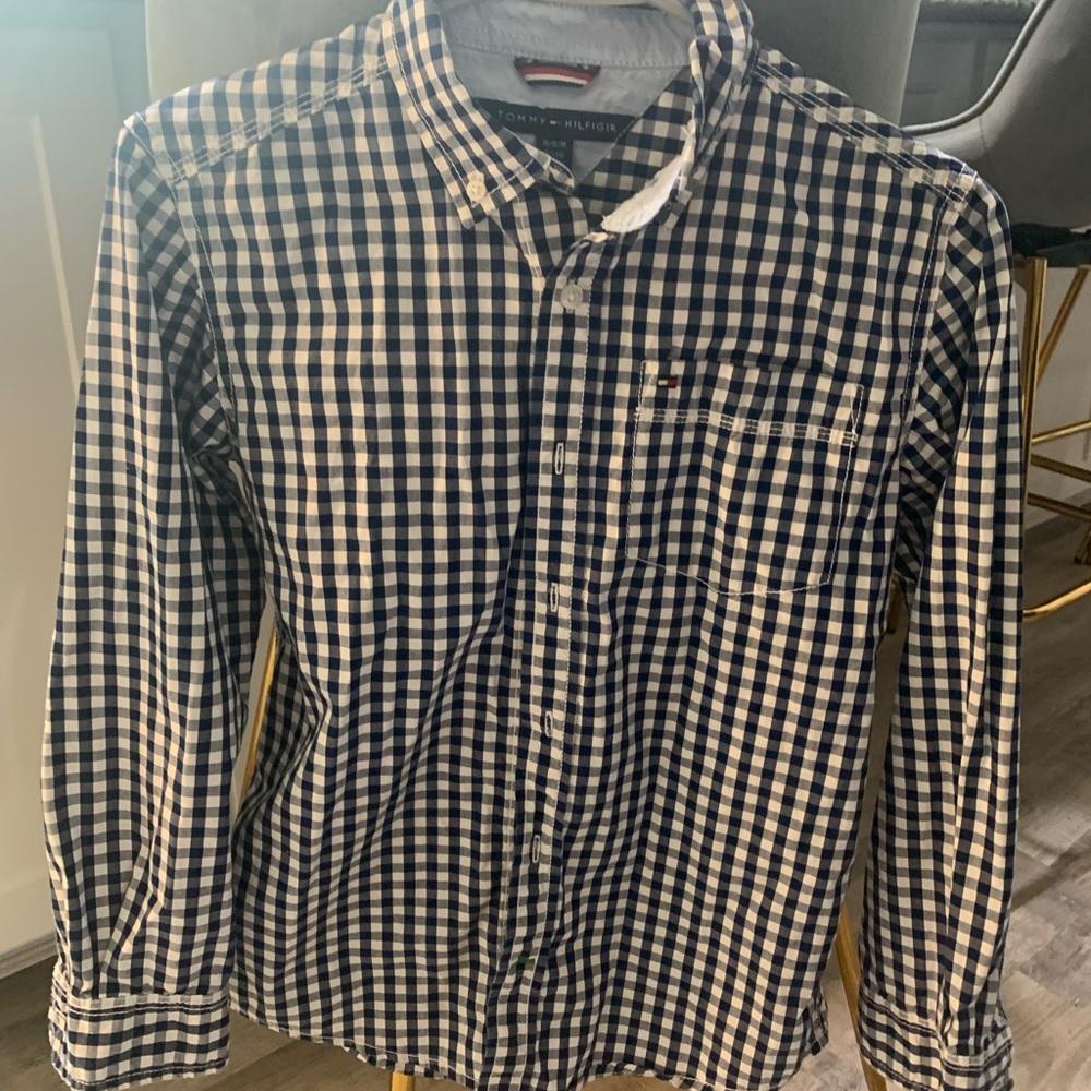 Tommy Hilfiger boy dress shirt long sleeve. Checkered blue and white. - Picture 1 of 3